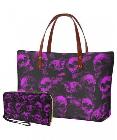 2 Pcs Large Tote Handbag with PU Wallet, Women Hand bags Purses, Top Handle Bag Satchel Shoulder Bag Skull Print-purple $23.5...