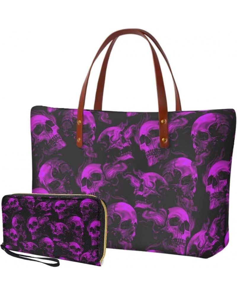 2 Pcs Large Tote Handbag with PU Wallet, Women Hand bags Purses, Top Handle Bag Satchel Shoulder Bag Skull Print-purple $23.5...