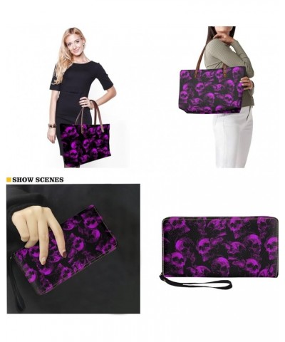 2 Pcs Large Tote Handbag with PU Wallet, Women Hand bags Purses, Top Handle Bag Satchel Shoulder Bag Skull Print-purple $23.5...