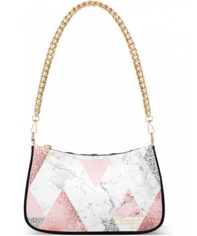 Women Chain Shoulder Purse Bag With Zipper Pink Marble Triangles Print, Modern Polygon Abstract Hobo Tote Clutch Handbags wit...