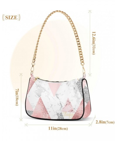 Women Chain Shoulder Purse Bag With Zipper Pink Marble Triangles Print, Modern Polygon Abstract Hobo Tote Clutch Handbags wit...