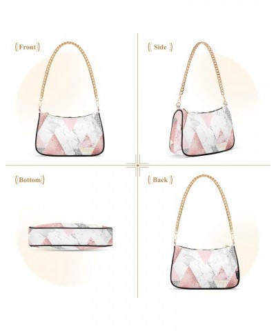 Women Chain Shoulder Purse Bag With Zipper Pink Marble Triangles Print, Modern Polygon Abstract Hobo Tote Clutch Handbags wit...