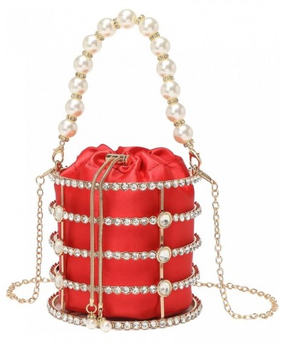 Women Evening Handbag Sparkly Metal Clutch Purses Pearl Top Handle Bucket Bag for Wedding Party Prom Red $21.59 Evening Bags