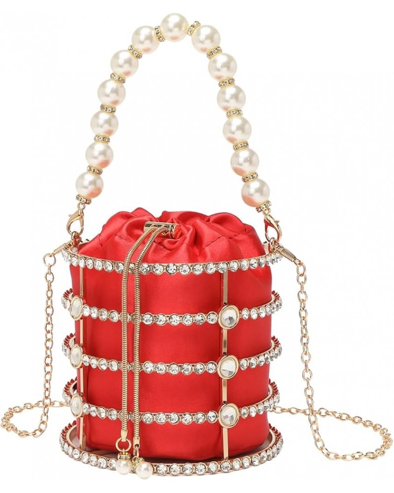 Women Evening Handbag Sparkly Metal Clutch Purses Pearl Top Handle Bucket Bag for Wedding Party Prom Red $21.59 Evening Bags