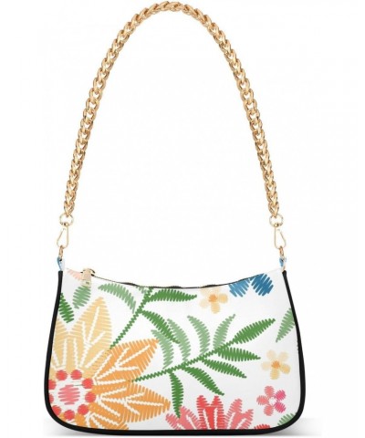 Women Chain Shoulder Purse Bag With Zipper Embroidery Flowers Colorful Print, Floral Nature Summer Hobo Tote Clutch Handbags ...