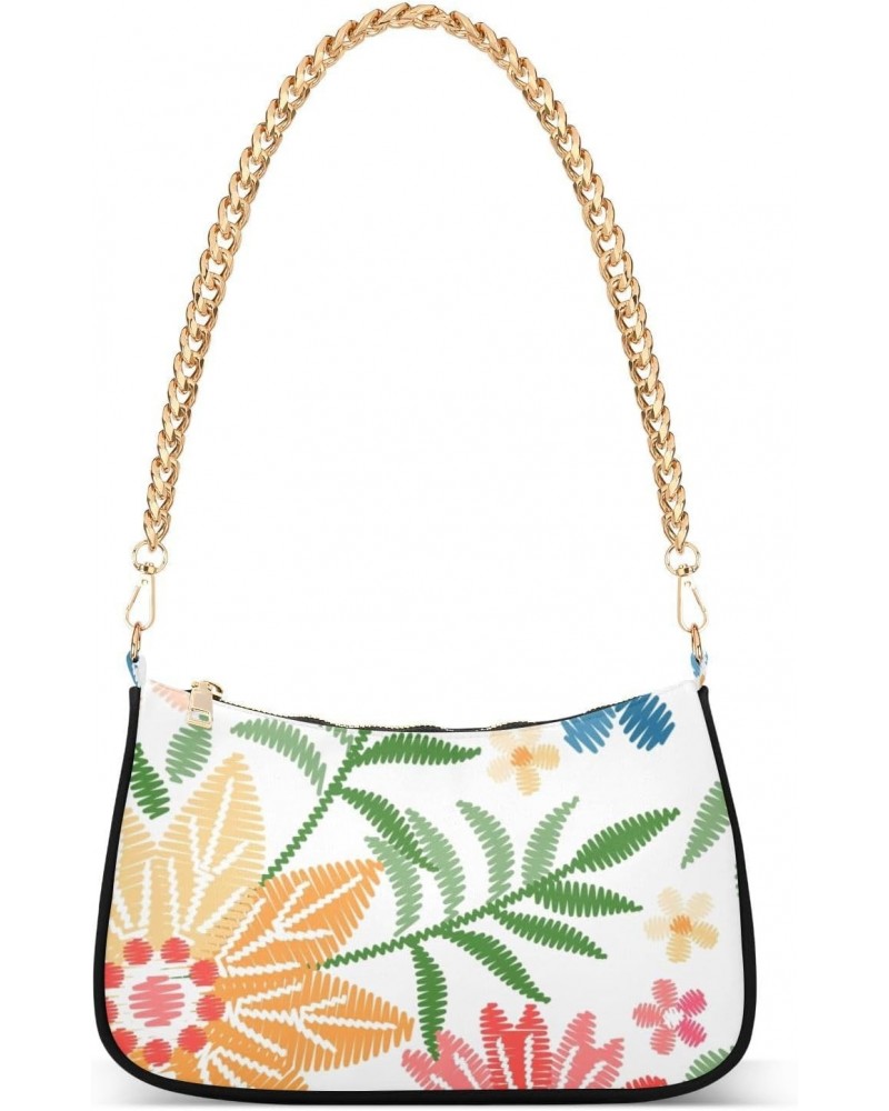 Women Chain Shoulder Purse Bag With Zipper Embroidery Flowers Colorful Print, Floral Nature Summer Hobo Tote Clutch Handbags ...