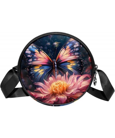 Small Round Crossbody Bag Shoulder Bag Handbag Purse, Art Pattern Butterfly and Flower $8.81 Crossbody Bags