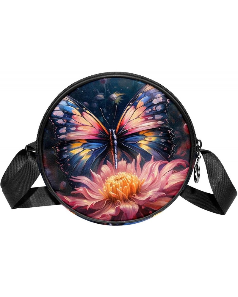 Small Round Crossbody Bag Shoulder Bag Handbag Purse, Art Pattern Butterfly and Flower $8.81 Crossbody Bags