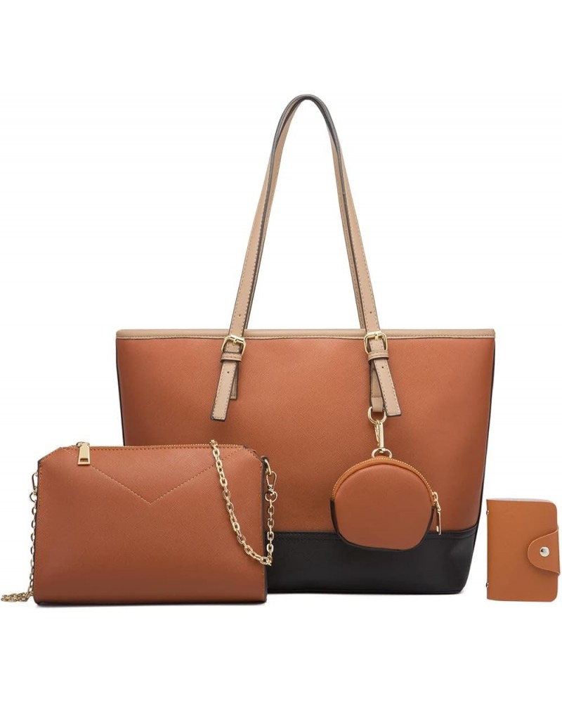 Women's 4pcs Tote Handbag Sets Urban Shoulder Purses Leather Top Handle Satchels Brown $49.23 Totes