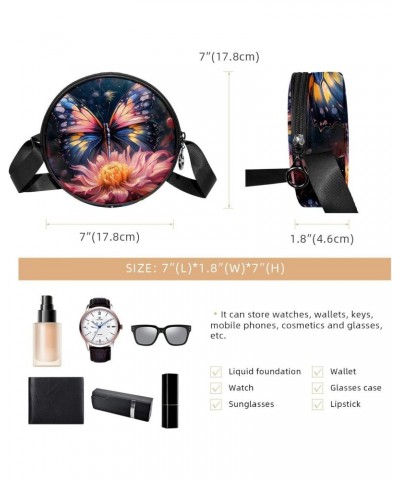 Small Round Crossbody Bag Shoulder Bag Handbag Purse, Art Pattern Butterfly and Flower $8.81 Crossbody Bags