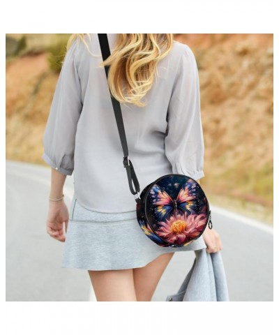 Small Round Crossbody Bag Shoulder Bag Handbag Purse, Art Pattern Butterfly and Flower $8.81 Crossbody Bags