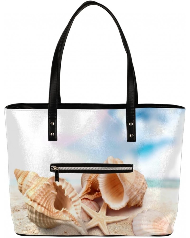 Beach Seashell Starfish Tote Bag Women Shoulder Handbags PU Leather Everyday Bag with External Pocket Large Capacity Aestheti...