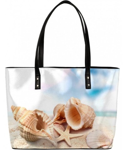 Beach Seashell Starfish Tote Bag Women Shoulder Handbags PU Leather Everyday Bag with External Pocket Large Capacity Aestheti...