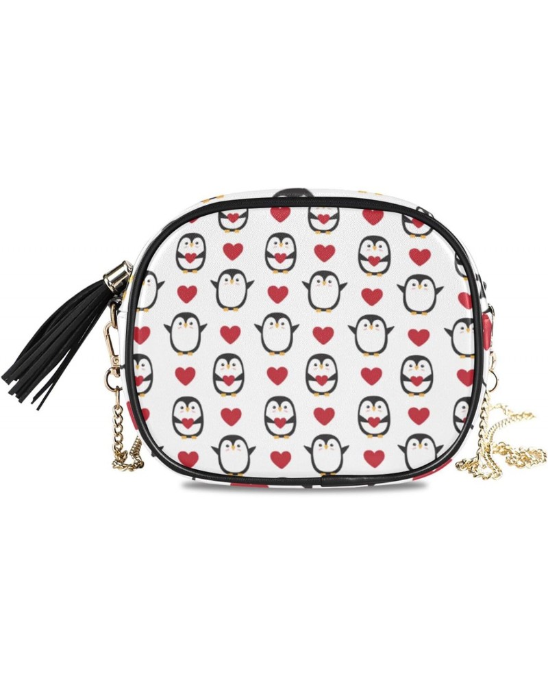 Small Crossbody Bag Doodle Penguin Valentine Heart Womens Shoulder Chain Bag PU Leather Small Purse With Tassel $12.95 Should...