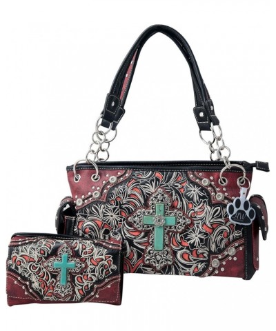 Western Faux Turquoise Cross Flowers Woman Shoulder Purse Handbag and Wallet Set Red $30.72 Crossbody Bags