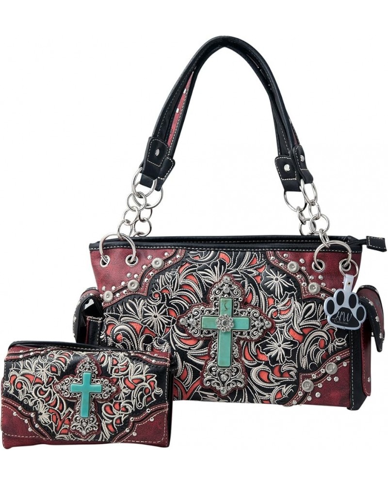 Western Faux Turquoise Cross Flowers Woman Shoulder Purse Handbag and Wallet Set Red $30.72 Crossbody Bags