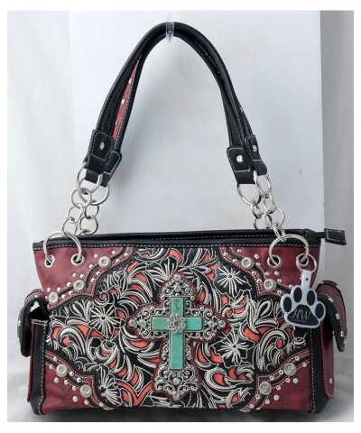 Western Faux Turquoise Cross Flowers Woman Shoulder Purse Handbag and Wallet Set Red $30.72 Crossbody Bags