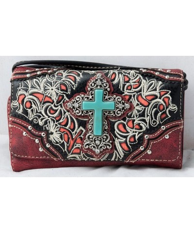 Western Faux Turquoise Cross Flowers Woman Shoulder Purse Handbag and Wallet Set Red $30.72 Crossbody Bags