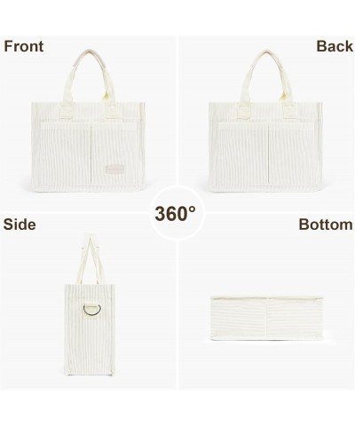 Corduroy Tote Bag with Multi Pockets Women Fall Winter Bag Shoulder Crossbody Tote Bag Work College Handbag White With White ...