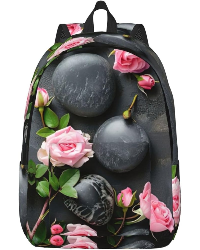 Spa Stone And Rose Flowers Print Unisex Canvas Bag Canvas Shoulder Pouch Pack Lightweight Backpack For Woman Lady Black Small...