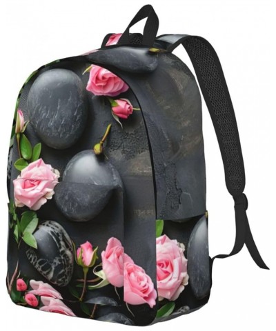 Spa Stone And Rose Flowers Print Unisex Canvas Bag Canvas Shoulder Pouch Pack Lightweight Backpack For Woman Lady Black Small...