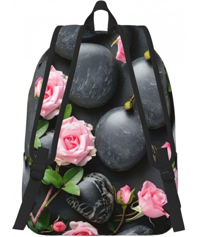 Spa Stone And Rose Flowers Print Unisex Canvas Bag Canvas Shoulder Pouch Pack Lightweight Backpack For Woman Lady Black Small...