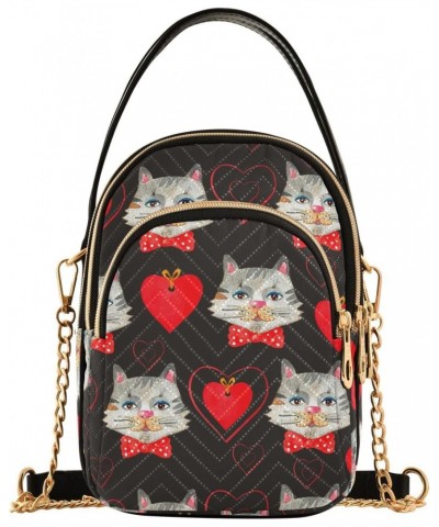 Chain Crossbody Bags for Women Valentine's Day Cats with Red Hearts Quilted Shoulder Crossbody Handbags Travel Cross Body Cel...