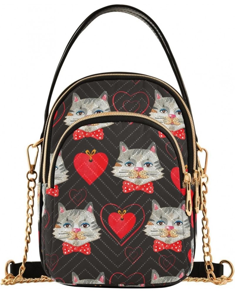 Chain Crossbody Bags for Women Valentine's Day Cats with Red Hearts Quilted Shoulder Crossbody Handbags Travel Cross Body Cel...