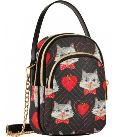 Chain Crossbody Bags for Women Valentine's Day Cats with Red Hearts Quilted Shoulder Crossbody Handbags Travel Cross Body Cel...