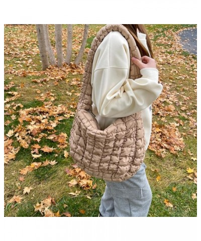 Quilted Tote Bag Women Lightweight Puffer Shoulder Bag Aesthetic Solid Color Handbag for Casual Chic Khaki $15.92 Shoulder Bags