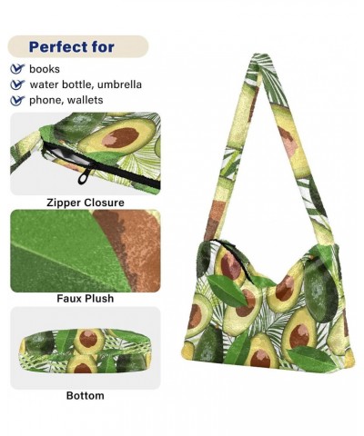 Avocado Tropical Leaves Furry Tote Bag for Women Crossbody Bag Shoulder Handbag Cute Plush Bag with Zipper for Shopping $11.1...