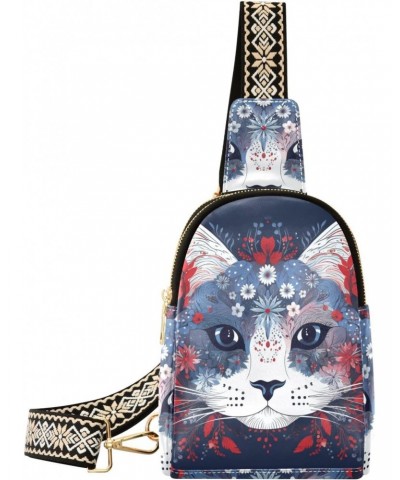 Women's Sling Bag Ethnic Cat Portrait Print with Adjustable Strap Zipper Closure, PU Leather Water Resistant Crossbody Bag Pu...