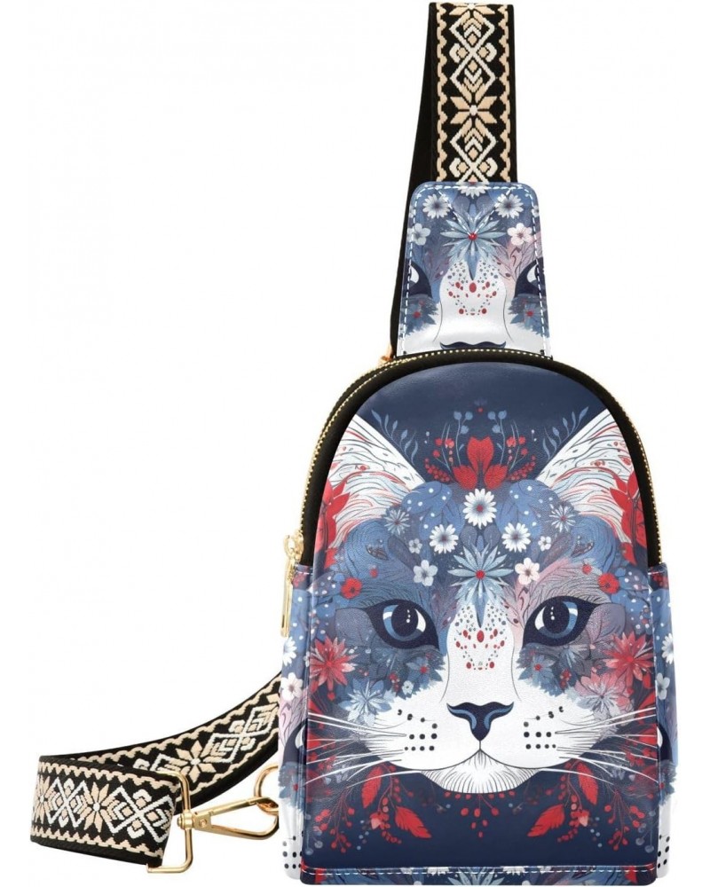 Women's Sling Bag Ethnic Cat Portrait Print with Adjustable Strap Zipper Closure, PU Leather Water Resistant Crossbody Bag Pu...