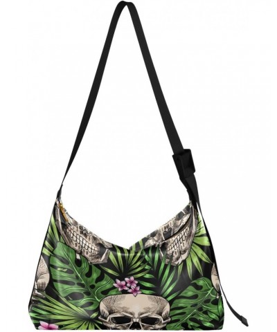 Skulls Tropical Leaves Flowers Large Shoulder Bag, Hobo Bags for Women Men Soft PU Leather Crossbody Purse,FT1O611 $11.75 Cro...