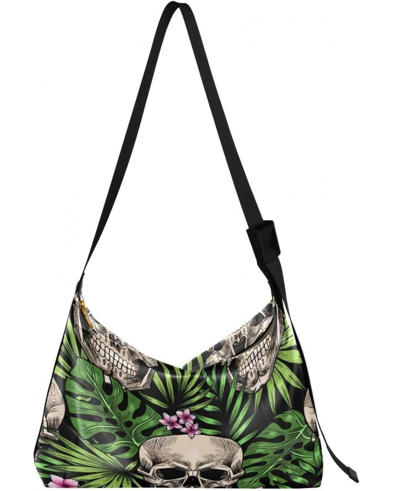 Skulls Tropical Leaves Flowers Large Shoulder Bag, Hobo Bags for Women Men Soft PU Leather Crossbody Purse,FT1O611 $11.75 Cro...