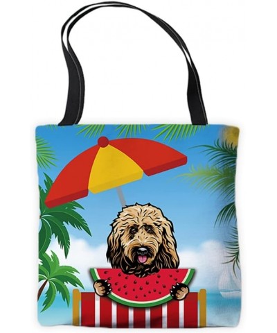 Summer Watermelon Canvas Tote Bags Cute Peeking Dog Goldendoodle Funny Puppy Palm Tree Parasol Beach Chair Handbags Goldendoo...