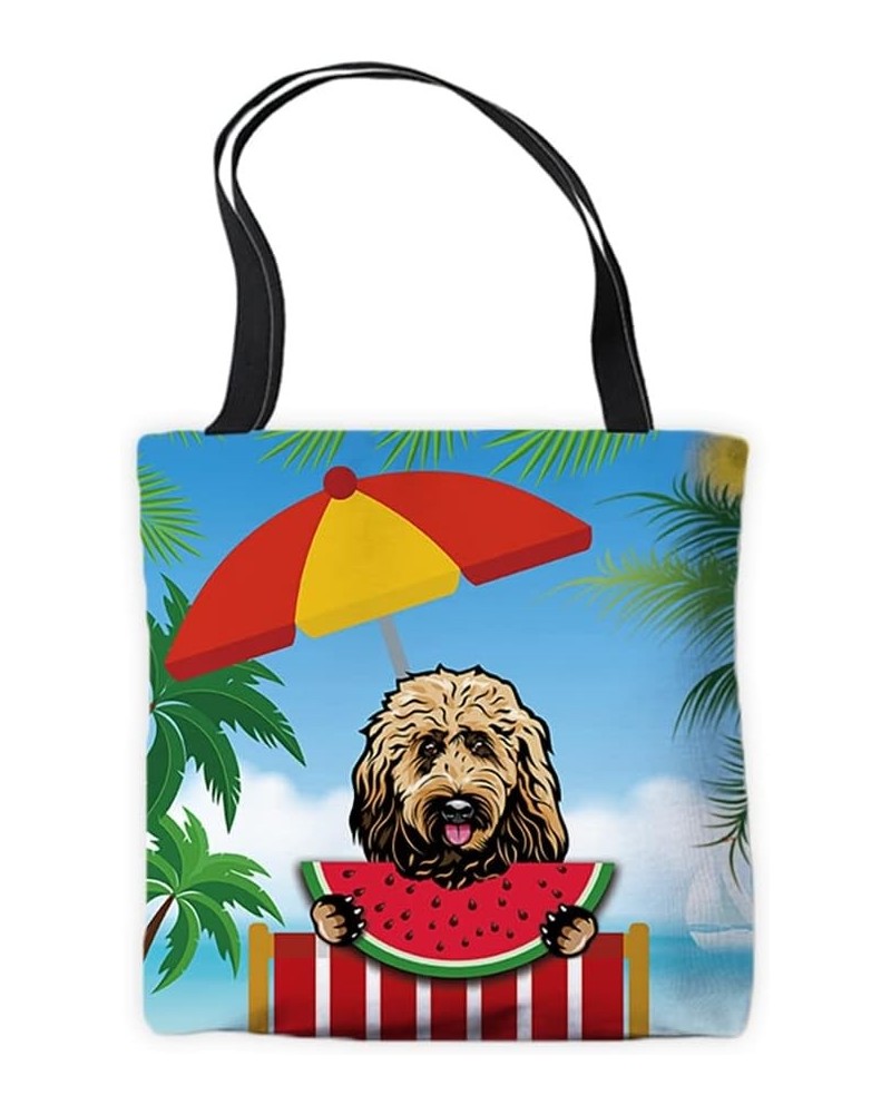 Summer Watermelon Canvas Tote Bags Cute Peeking Dog Goldendoodle Funny Puppy Palm Tree Parasol Beach Chair Handbags Goldendoo...