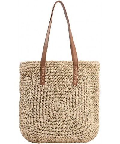 Women Straw Shoulder Bag Handmade Woven Handbag Summer Beach Tote Straw Leather Handle Large Bucket Bag B-white $18.80 Totes