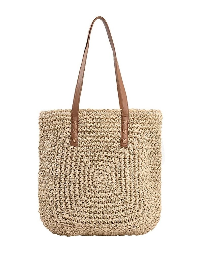 Women Straw Shoulder Bag Handmade Woven Handbag Summer Beach Tote Straw Leather Handle Large Bucket Bag B-white $18.80 Totes