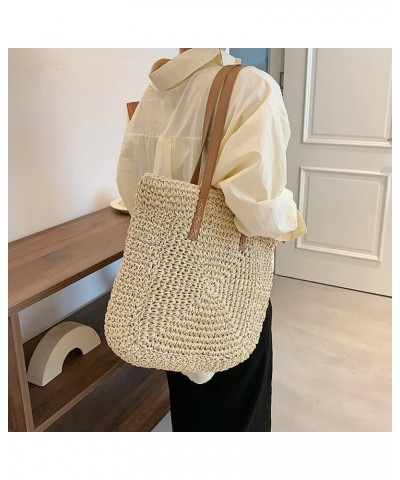 Women Straw Shoulder Bag Handmade Woven Handbag Summer Beach Tote Straw Leather Handle Large Bucket Bag B-white $18.80 Totes