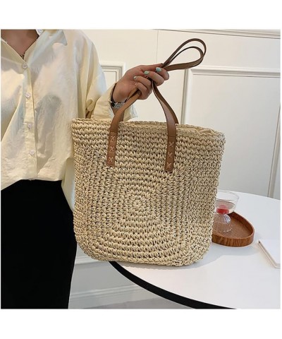 Women Straw Shoulder Bag Handmade Woven Handbag Summer Beach Tote Straw Leather Handle Large Bucket Bag B-white $18.80 Totes