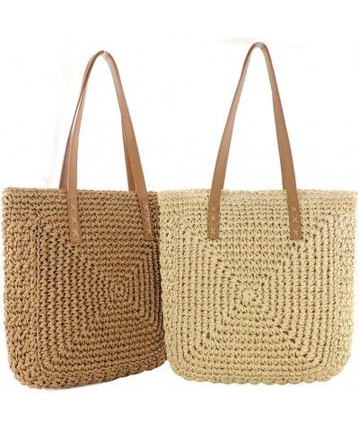 Women Straw Shoulder Bag Handmade Woven Handbag Summer Beach Tote Straw Leather Handle Large Bucket Bag B-white $18.80 Totes