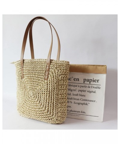 Women Straw Shoulder Bag Handmade Woven Handbag Summer Beach Tote Straw Leather Handle Large Bucket Bag B-white $18.80 Totes