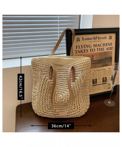 Women Straw Shoulder Bag Handmade Woven Handbag Summer Beach Tote Straw Leather Handle Large Bucket Bag B-white $18.80 Totes