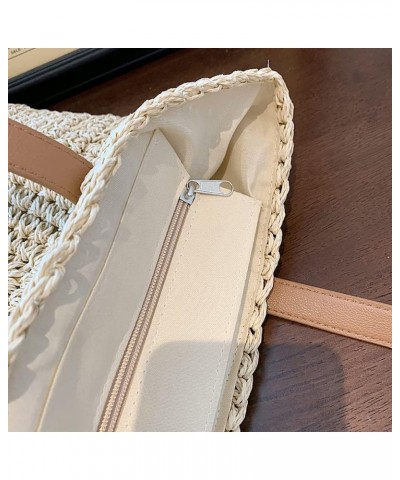 Women Straw Shoulder Bag Handmade Woven Handbag Summer Beach Tote Straw Leather Handle Large Bucket Bag B-white $18.80 Totes