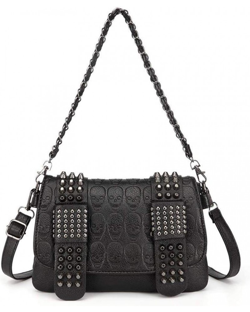 Women Punk Skull Shoulder Top-Handle Bag Goth Rivet Purse Handbag PU Leather Chain Satchel Tote Black $16.43 Totes