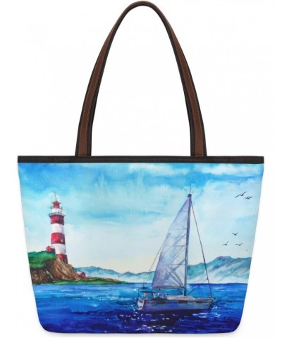 Ocean Sea Lighthouse Large Tote Bag For Women Shoulder Handbags with Zippper Top Handle Satchel Bags for Shopping Travel Gym ...