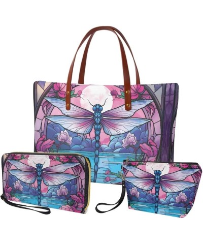 3 PCS Top Handle Tote Shoulder Bag for Women, Large Casual Handbag with Matching Wallet Cosmetic Case Dragonfly Flower-purple...