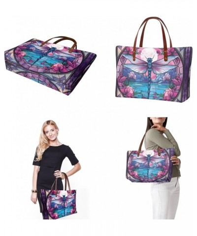 3 PCS Top Handle Tote Shoulder Bag for Women, Large Casual Handbag with Matching Wallet Cosmetic Case Dragonfly Flower-purple...