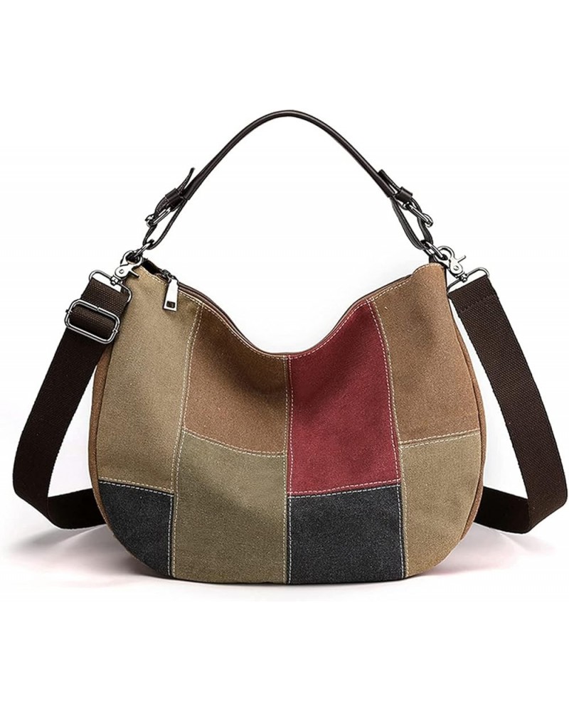 Contrast Color Canvas Shoulder Bag Ladies Fashion Handbag Large Capacity Crossbody Bag Shopping Tote Bag (Color : Brown Multi...